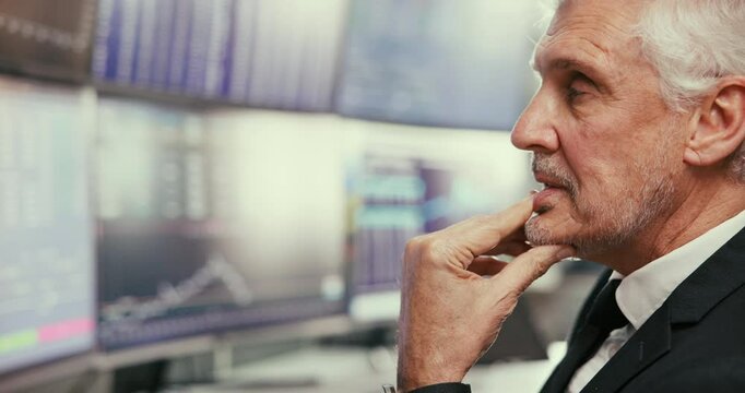 Frustrated, mature businessman or trader with stock market crash for exchange, trading or bad investment at office. Male person, investor or broker with stress, loss or plummet on bond or commodities
