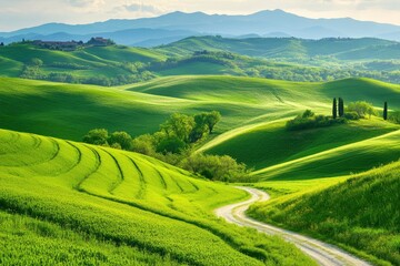 Naklejka premium Stunning Summer Landscape with Green Rolling Hills and Winding Path, ai