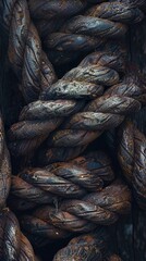 Close-up of weathered, thick, brown rope with a rough, textured surface.