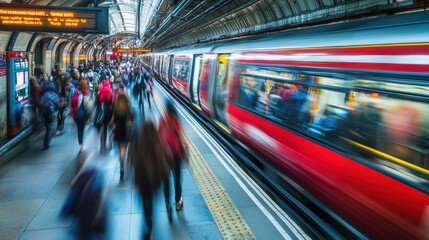 Obraz premium Blurred Commuters Rushing Through Busy Underground Metro Station