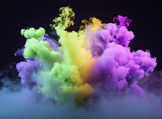Dynamic cloud forms from colorful ink clouds on black with lime and violet smoke.