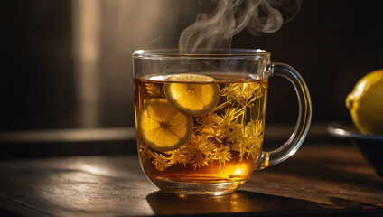 Steaming glass of herbal tea with a slice of lemon, backlit to accentuate the steam and the amber color of the tea.