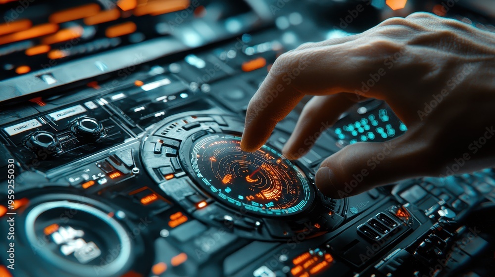 Poster futuristic interface with hand interacting with digital display