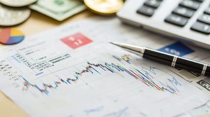 Fototapeta premium Financial Charts Analysis with Pen and Calculator