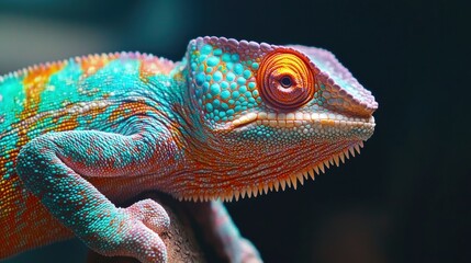 Fototapeta premium Vibrant Chameleon Lizard with Detailed Textured Scales and Curious Expression in Exotic Natural Setting