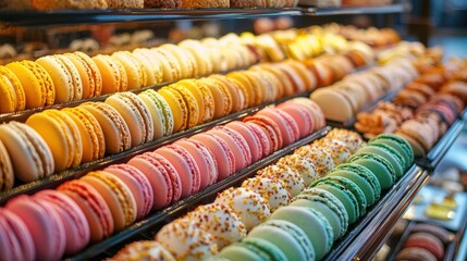 Vibrant Macarons Displayed in a Bakery Showcase with a Variety of Colorful Delectable French Pastry Treats
