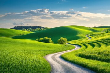 Stunning Summer Landscape with Green Rolling Hills and Winding Path, ai