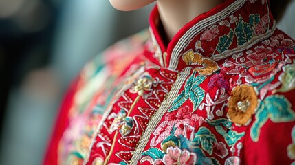 Fototapeta premium Ornate Traditional Asian Clothing Textile with Floral Chinoiserie Embroidered Pattern