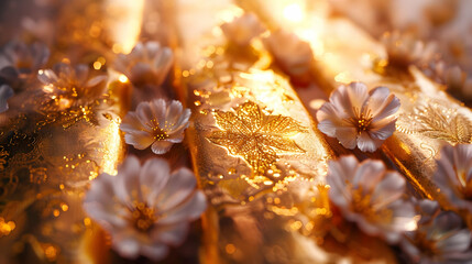 Golden Floral Background with White Flowers