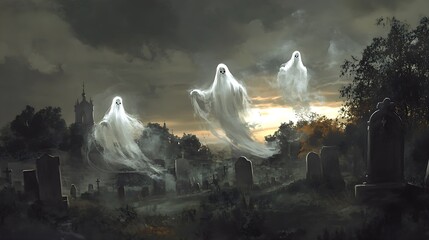 3 swooning ghosts in a cemetery