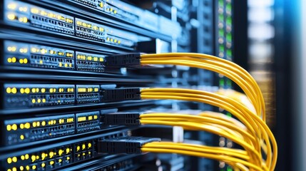 Server Rack with Yellow Network Cables