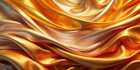 Obraz premium Luxurious flowing golden and orange silk fabric with rich, smooth textures and shimmering light reflections, symbolizing elegance, opulence, and the softness of satin in a visually dynamic abstract ba