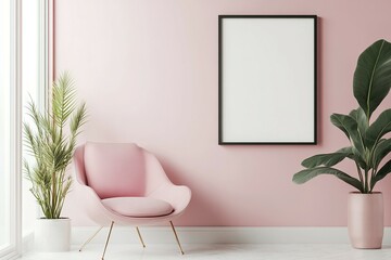 Pink armchair, potted plants and blank frame in pink room