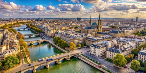 Obraz premium Aerial view of Paris with Seine River, Pont Neuf bridge, Notre-Dame church, and historical landmarks, Paris
