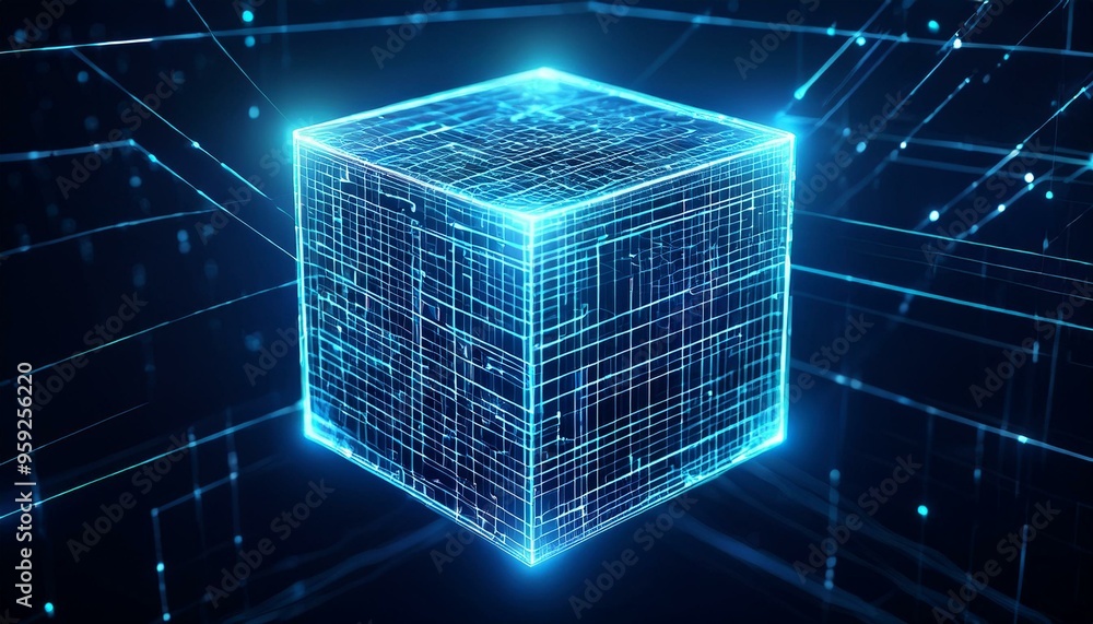 Poster abstract digital data cube in technology futuristic wireframe style