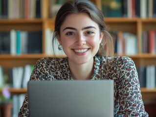 Joyful Female Working in Library