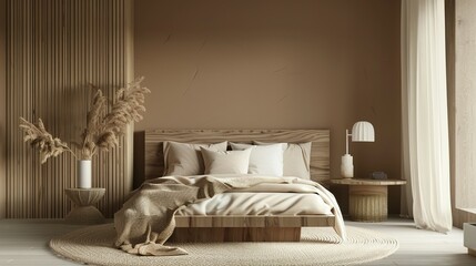 Minimalist Bedroom Interior with Wooden Bed and Natural Elements