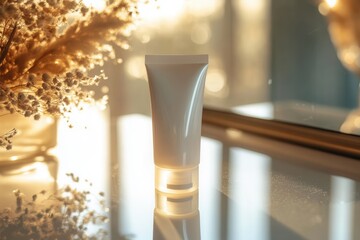 The soft glow highlights a cream tube placed on a surface, reflected beautifully in a mirror amidst a calming atmosphere. Generative AI