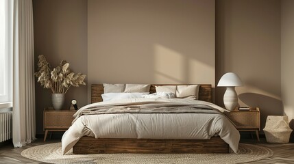 Bohemian Bedroom Interior Design with Wooden Bed and Natural Elements