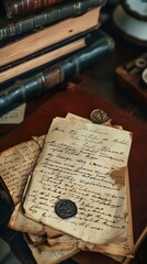 A stack of old, handwritten letters with a wax seal on a wooden desk, surrounded by books.