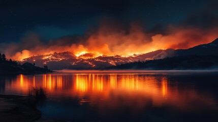 Fototapeta premium Dramatic Wildfire Reflecting in Calm Lake at Sunset