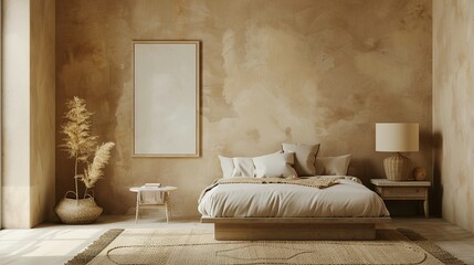 Minimalist Bedroom with a Beige Bed, Wooden Frame, and a Woven Rug