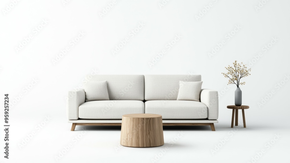 Wall mural A white couch sits in front of a wooden coffee table