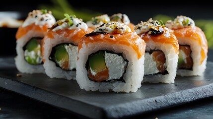 Delicious Salmon Sushi Rolls with Cream Cheese and Avocado