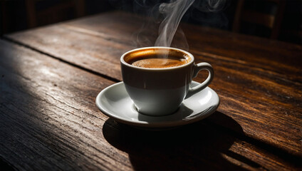 Steaming cup of espresso on a dark wooden table, illuminated by a focused beam of light creating intense shadows.