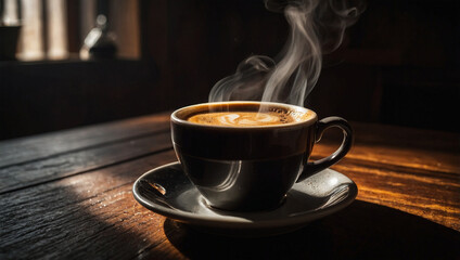 Fototapeta premium Steaming cup of espresso on a dark wooden table, illuminated by a focused beam of light creating intense shadows.