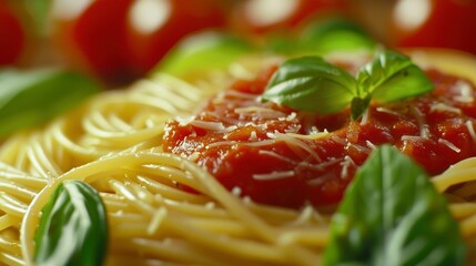 Close-up of Spaghetti with Tomato Sauce, Basil, and Parmesan Cheese