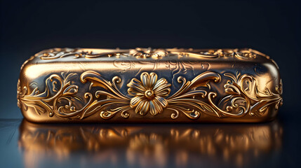 Golden Ornate Box with Floral Design 3D Illustration