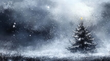 Solitary christmas tree shining in snowy winter night landscape
