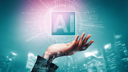 AI Learning and Artificial Intelligence Concept - Icon Graphic Interface showing computer, machine...