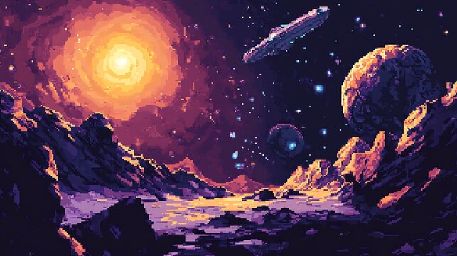 galaxy space with planet pixel style