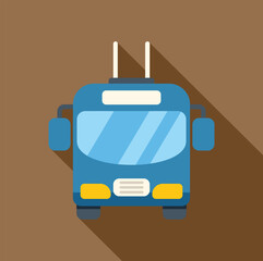 Modern blue trolleybus driving along street front view icon in flat style with long shadow