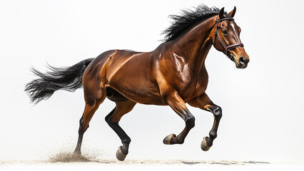 Obraz premium Powerful brown horse running at full speed on white background, dynamic motion