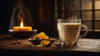 Glass of hot ginger milk with honey, with steam rising and side lighting that creates a cozy, dramatic effect.