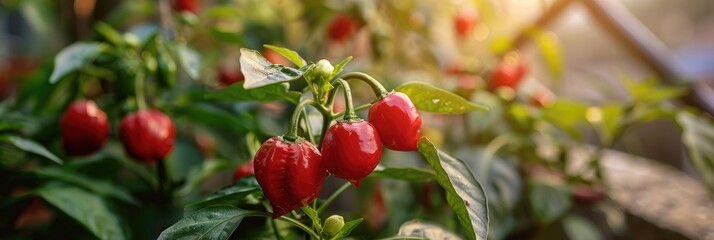 Obraz premium Close-up of red Trinidad Scorpion chili pepper plants in a balcony garden, featuring red Carolina Reaper chili fruits and vibrant green leaves of Capsicum chinense.