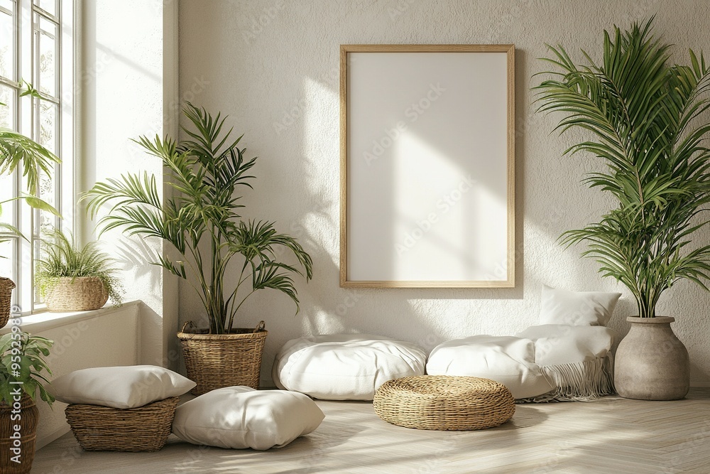 Wall mural Minimalist Living Room with White Pillows, Wicker Baskets, and a Blank Canvas