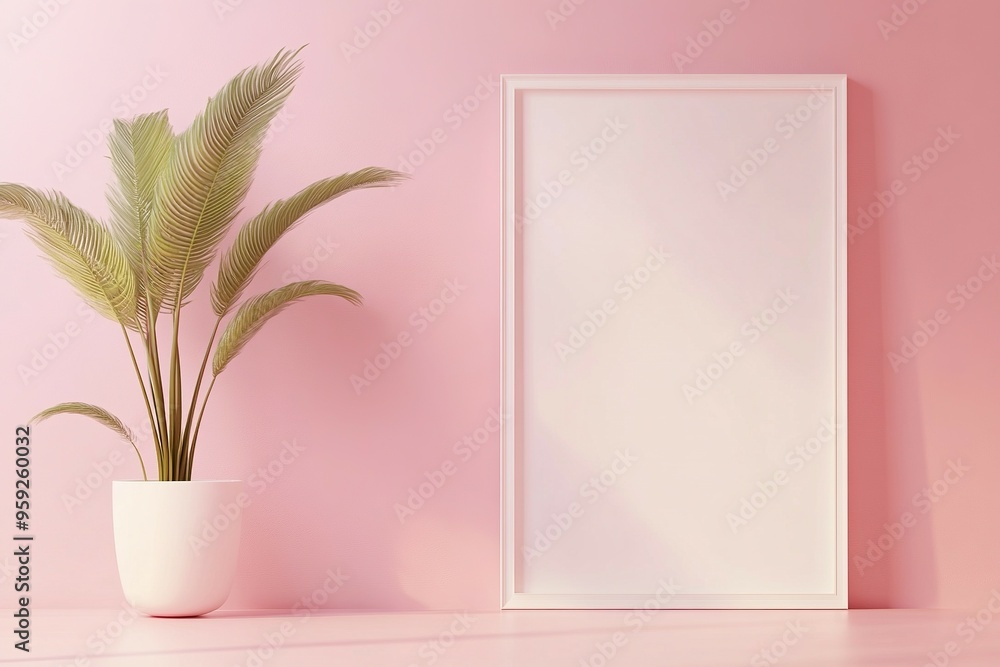 Wall mural White Frame and Plant on Pink Wall