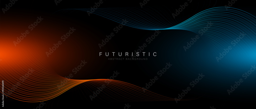 Poster abstract futuristic technology glowing wave lines on dark background with blue and orange light effe