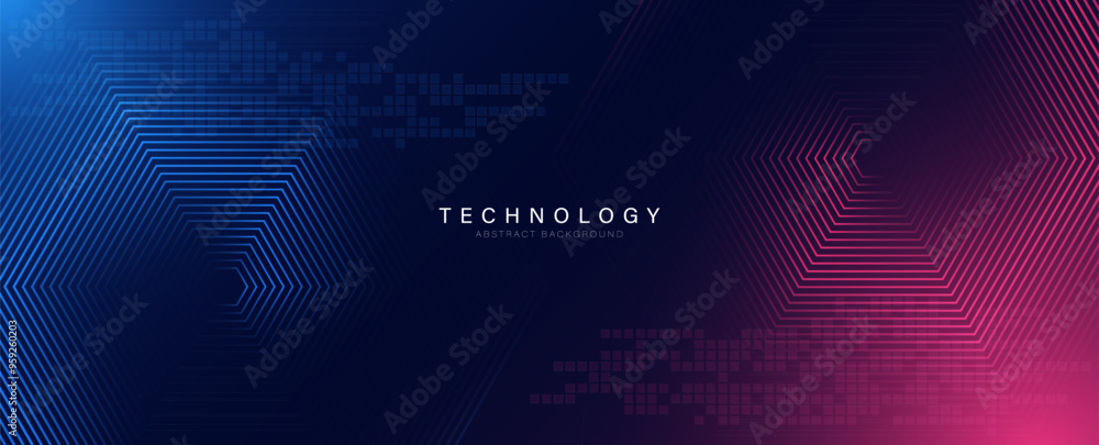 Wall mural Abstract technology background with pink and blue light effect. Glowing hexagon lines pattern. Modern graphic elements. Futuristic digital technology concept. Vector illustration