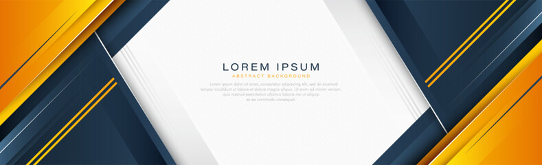 Abstract wide banner background with space for text. Modern dark blue and yellow geometric shapes with shadow. Elegant design. Suit for business, cover, header, presentation, corporate, website