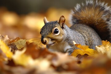 Fototapeta premium Cute squirrel searching for food in autumn leaves