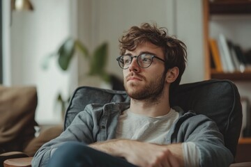 Pensive young man wearing glasses is sitting and relaxing at home