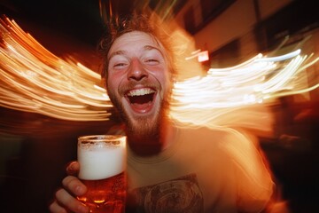Young man laughing and drinking beer at night