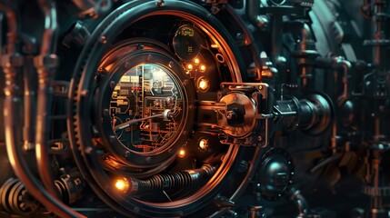 Fototapeta premium A close-up view of a futuristic, steampunk-style machine with a round window, gears, pipes, and lights.