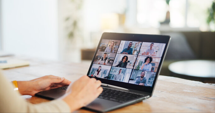 Laptop, hands or business people on screen in virtual meeting for discussion or online briefing in home. Remote work, video call or person in webinar for teamwork, talking and speaking of project