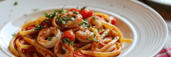 Linguine pasta featuring calamari and cherry tomatoes served in a tomato sauce on a white plate.